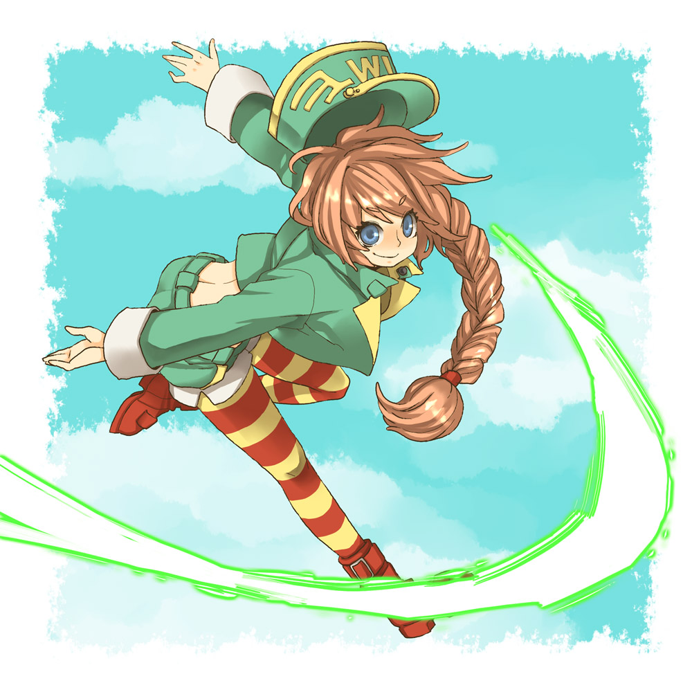 1990s_(style), 1girl, aqua_background, blue_eyes, braid, female_focus, full_body, green_eyes