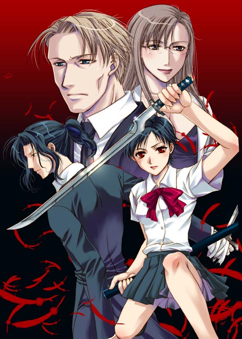 00s, 2boys, 2girls, asano_akira, black_hair, blonde_hair, blood+, blue_eyes, blush, brown_hair, david, david_(blood+), fairypink, feathers, formal_clothes, glasses, grey_eyes, hagi_(blood+), julia_silverstein, katana, kneeling, long_hair, multiple_boys, multiple_girls, necktie, otonashi_saya, ponytail, red_eyes, ribbon, school_uniform, serafuku, short_hair, sidelocks, suit, sword, weapon