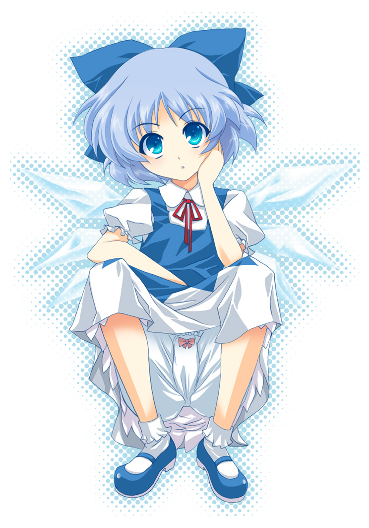 1girl, bloomers, blue_dress, blue_eyes, blue_hair, bobby_socks, bow, bow_panties