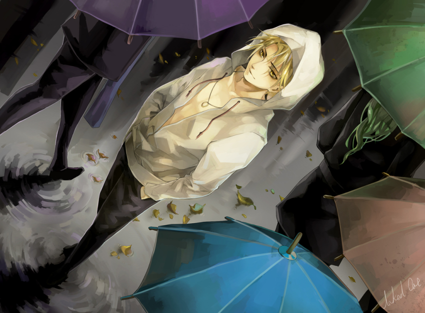 1boy, blonde_hair, formal_clothes, giancarlo_bourbon_del_monte, green_hair, hood, hoodie, jewelry, long_hair, lucky_dog_1, male_focus, naked_cat, necklace, ripples, solo, suit, umbrella, yellow_eyes