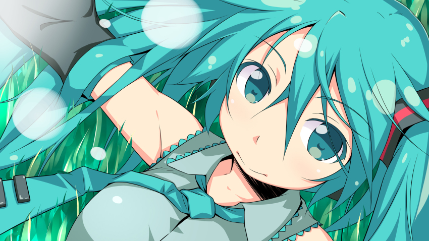 1girl, aqua_eyes, aqua_hair, bare_shoulders, close-up, detached_sleeves, dousaki_shin'ya, female_focus, grass, hatsune_miku, highres, long_hair, looking_at_viewer, lying, necktie, on_back, solo, twintails, vocaloid