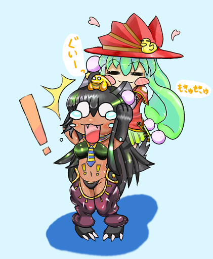 !, ancient_egyptian, anubis_(monster_girl_encyclopedia), black_hair, dark_skin, green_hair, hat, leanan_sidhe_(monster_girl_encyclopedia)