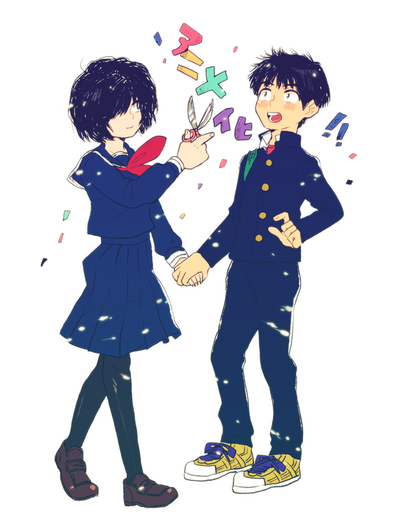 1boy, 1girl, akira_tsubaki, black_hair, hair_over_one_eye, ken_(shiyu), nazo_no_kanojo_x, pantyhose