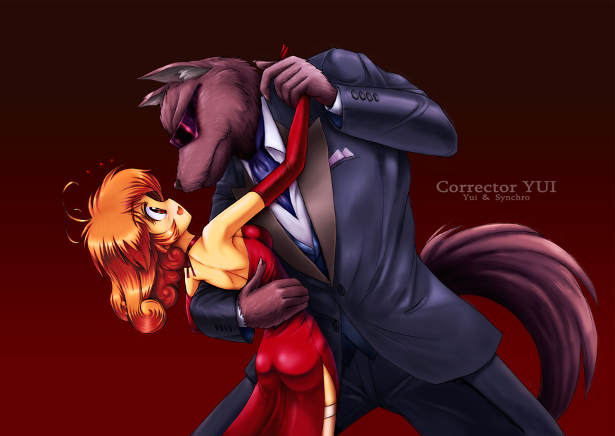 1990s_(style), 1boy, 1girl, back, brown_hair, character_name, choker, copyright_name, corrector_yui, curly_hair, dancing, dress, elbow_gloves, formal_clothes, furry, furry_male, gloves, kasuga_yui, obara_gaun, red_dress, retro_artstyle, short_hair, side_slit, suit, sunglasses, surprised, synchro, synchro_(corrector_yui), tail, werewolf, wolf_tail