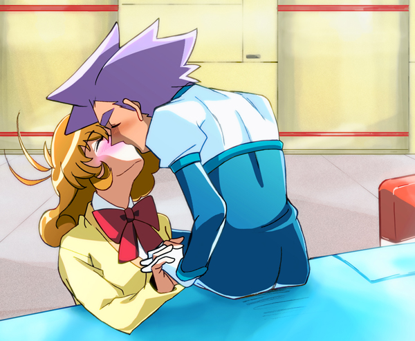 1990s_(style), 1boy, 1girl, bad_id, bad_pixiv_id, bodysuit, bow, brown_hair