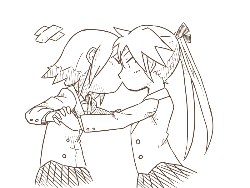 2girls, bandages, closed_eyes, hair_ribbon, holding_hands, kanako_(gentsuki), kill_me_baby, kiss