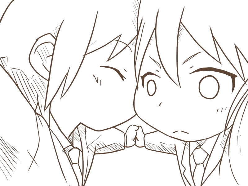 2girls, holding_hands, kanako_(gentsuki), kill_me_baby, kiss, kissing_cheek, monochrome, multiple_girls