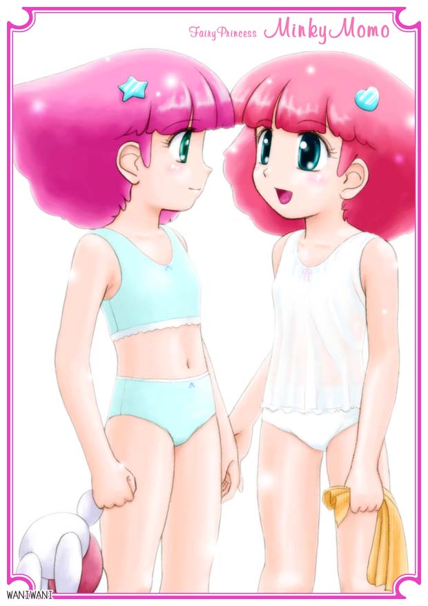 2girls, bra, camisole, dual_persona, flat_chest, green_eyes, heart, loli, magical_girl, mahou_no_princess_minky_momo, minky_momo, multiple_girls, panties, pink_hair, standing, star_(symbol), training_bra, underwear, waniwani