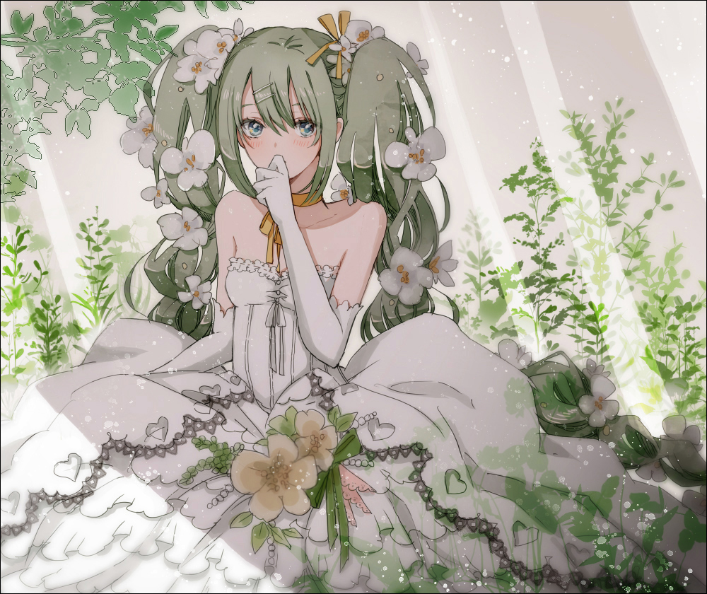 1girl, bare_shoulders, dress, elbow_gloves, female_focus, flower, gloves, green_hair