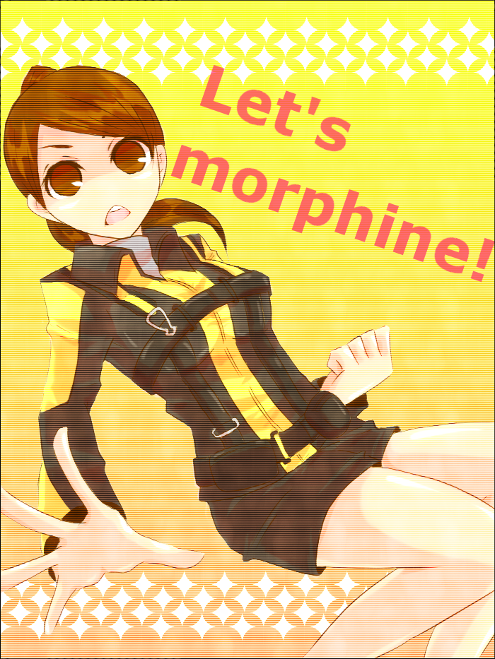 1girl, animification, belt, brown_eyes, brown_hair, english_text, engrish_text, female_focus, jacket, long_sleeves, open_mouth, ponytail, ranguage, satou713, shorts, solo, super_sentai, tokumei_sentai_go-busters, usami_youko, usami_yu014dko, yellow_background