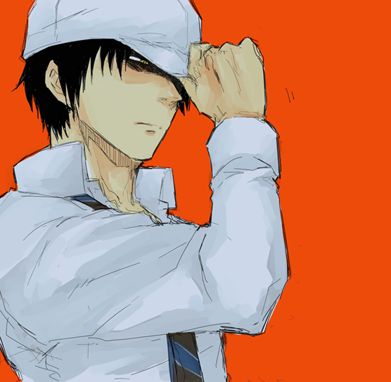 1boy, bad_id, bad_pixiv_id, baseball_cap, black_hair, danshi_koukousei_no_nichijou, hat, karasawa_toshiyuki, kuchiba, kuchiba_(silentblue05), male_focus, necktie, simple_background, solo, striped_clothes, striped_necktie, striped_neckwear