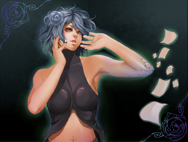 1girl, bare_shoulders, blue_hair, face_piercing, female_focus, gradient_background, hair_ornament, halterneck