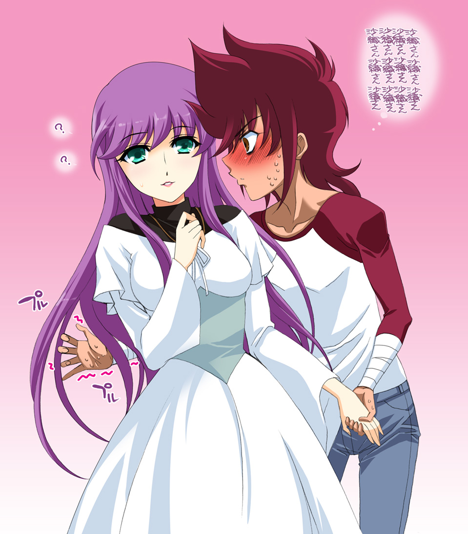 10s, 1boy, 1girl, ?, blush, brown_eyes, dress, green_eyes