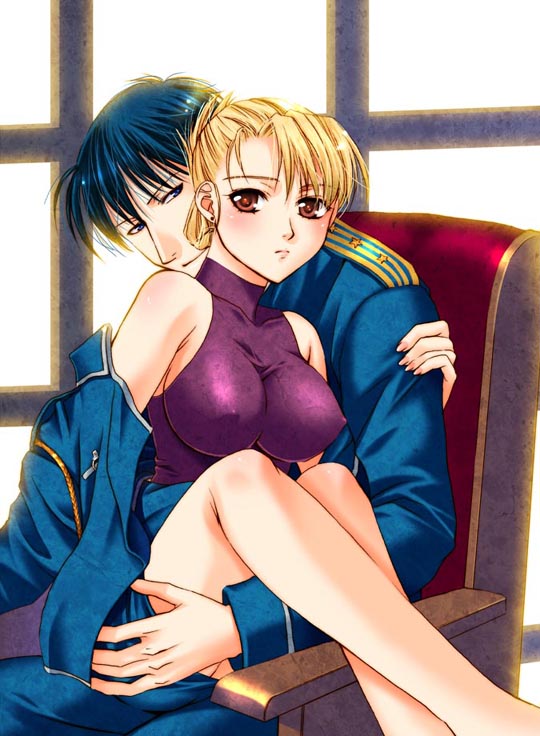 00s, 1boy, 1girl, asano_akira, black_hair, blonde_hair, breasts, brown_eyes, couple, covered_erect_nipples, fairypink, fullmetal_alchemist, hetero, holding, large_breasts, legs, military, military_uniform, riza_hawkeye, roy_mustang, turtleneck