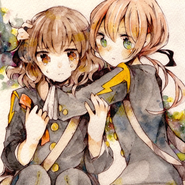 2boys, androgynous, brown_eyes, brown_hair, green_eyes, holding, hug, ichiko_(hanakasu)