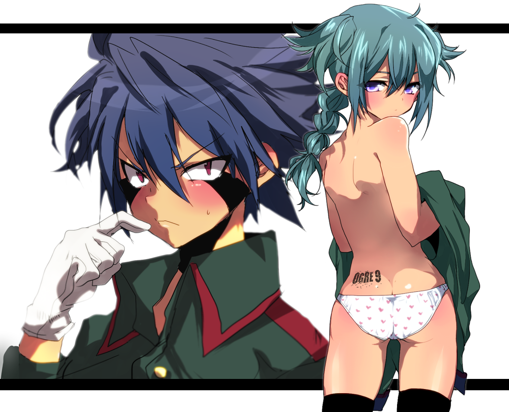 2boys, ahoge, ass, black_hair, black_legwear, blush, bow, braid, crossdressing, crossdressing_(mtf), english_text, eska_bamel, frown, gloves, green_hair, hair_bow, inazuma_eleven, inazuma_eleven_(series), letterboxed, long_hair, looking_back, male_focus, mataro_(matarou), military, military_uniform, mistorene_callus, multiple_boys, panties, purple_eyes, red_eyes, short_hair, sweat, tattoo, thighhighs, trap, underwear