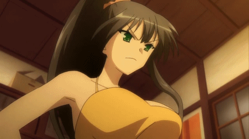 10s, 1girl, animated, animated_gif, black_hair, bouncing_breasts, breasts, female_focus, green_eyes, huge_breasts, kore_wa_zombie_desu_ka?, long_hair, lowres, no_bra, ponytail, seraphim_(korezom), solo