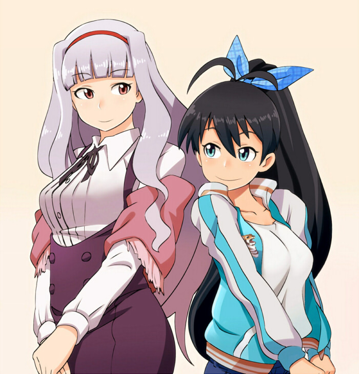 2girls, black_hair, blue_eyes, breasts, ganaha_hibiki, go-gyan-sun, hair_ribbon, hairband