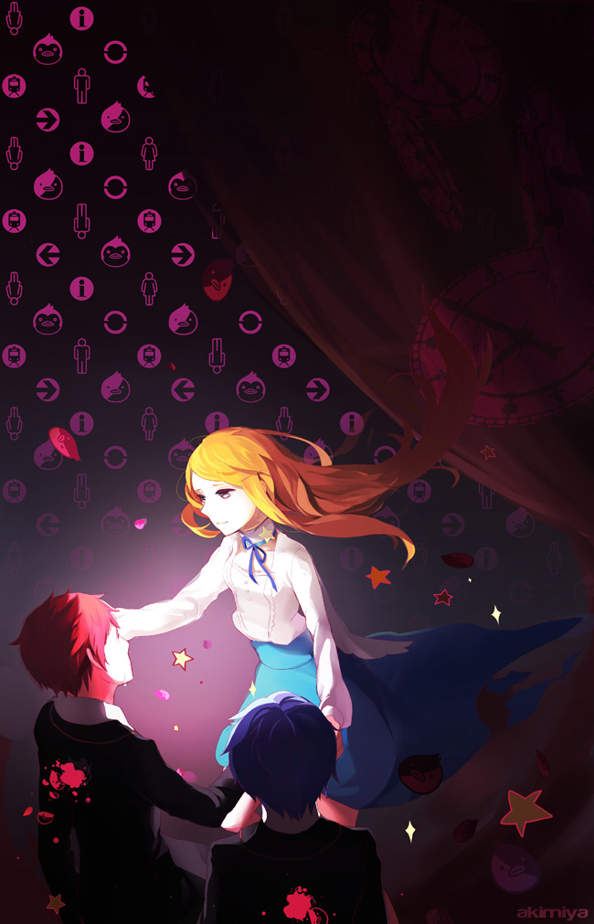 10s, 2boys, akimiya, blouse, blue_hair, glowing, hand_on_another's_face, long_hair