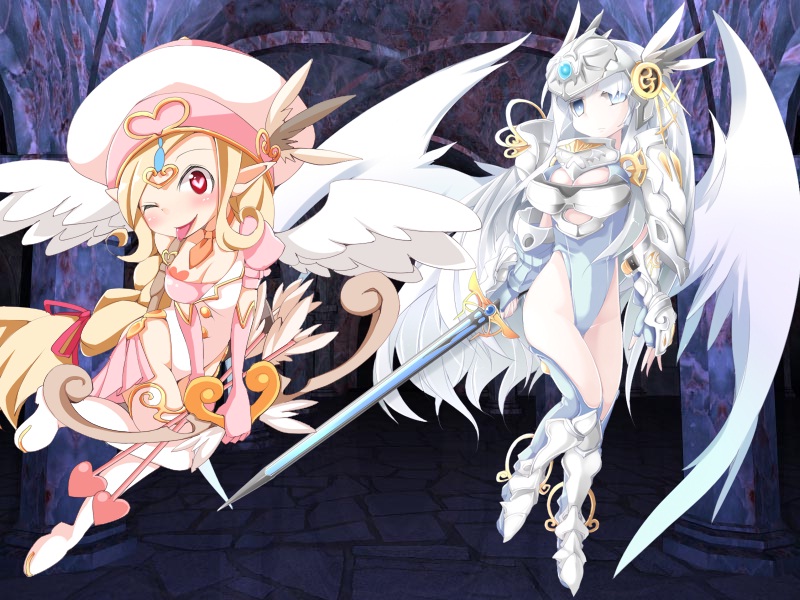 angel, arrow_(projectile), blonde_hair, blue_eyes, bow_(weapon), cupid_(mon-musu_quest!), mon-musu_quest!, pink_eyes, pointy_ears, sword, tongue, victoria_(mon-musu_quest!), weapon, white_hair, wings