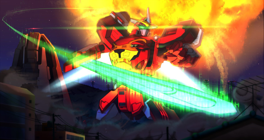 building, cb-01_ace, epic, explosion, fangs, glowing, glowing_eyes, highres, horns, house, mecha, midorinocha, night, no_humans, power_lines, robot, single_horn, solo, star_(sky), super_sentai, sword, tokumei_sentai_go-busters, weapon