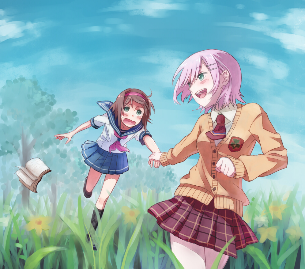 00s, 2girls, :d, alternate_costume, aqua_eyes, blush, book, brown_hair