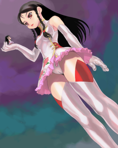 00s, 1girl, female_focus, giant, giantess, kiddy_grade, lowres, oekaki, panties, pantyshot, solo, thighhighs, tweedledee_(kiddy_grade), tweedledee_(wonderland), underwear