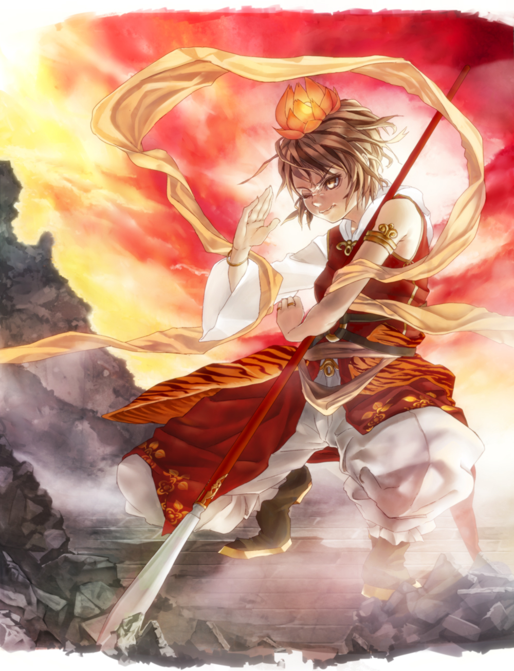 1girl, animal_print, armlet, black_hair, blonde_hair, bracelet, female_focus, hair_ornament