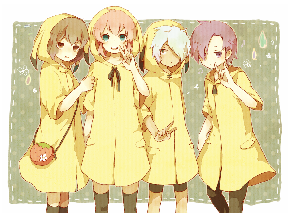 4boys, \m/, aqua_eyes, bad_id, bad_pixiv_id, brown_eyes, brown_hair, clothes_grab