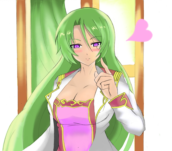 1girl, blush, breasts, coat, green_hair, heart, luminous_arc, luminous_arc_3
