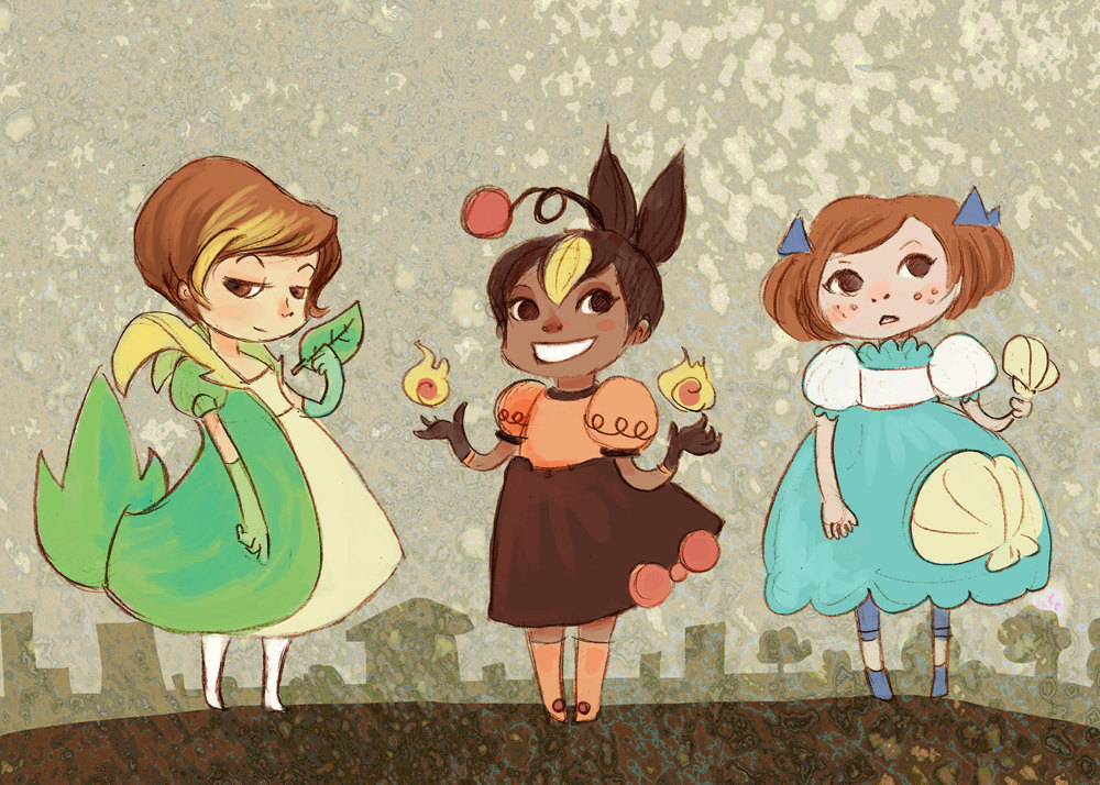 10s, 3girls, brown_hair, dark-skinned_female, dark_skin, elbow_gloves, freckles, gen_5_pokemon, gloves, grin, humanization, multiple_girls, nintendo, oshawott, personification, pokemon, pokemon_black_and_white, robin_e_kaplan, smile, snivy, starter_pokemon_trio, tepig