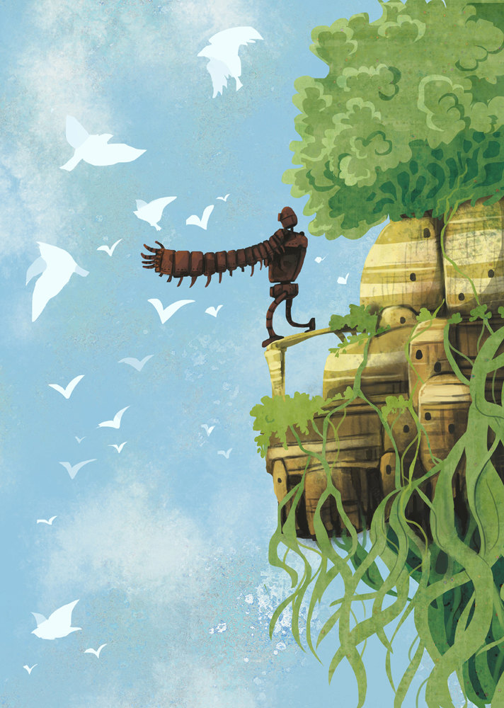 animal, bird, day, floating_island, humanoid_robot, laputa_robot, mixed_media, nature, no_humans, non-humanoid_robot, outstretched_arms, overgrown, plant, profile, robin_e_kaplan, robot, sky, standing, studio_ghibli, tenkuu_no_shiro_laputa, tree, vines