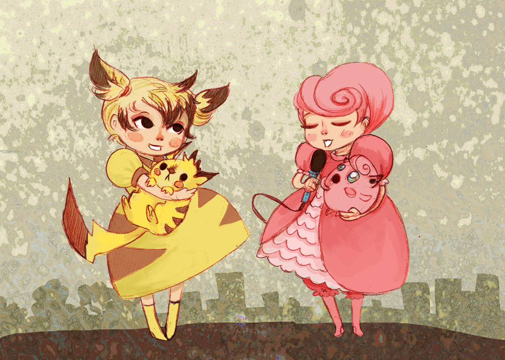 1990s_(style), 2girls, blonde_hair, blush_stickers, closed_eyes, creature_and_personification, gen_1_pokemon, jigglypuff