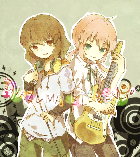 2boys, aqua_eyes, bad_id, bad_pixiv_id, brown_eyes, brown_hair, copyright_name, guitar