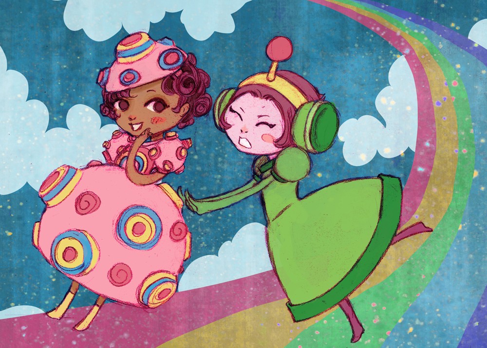 2girls, blush_stickers, cloud, curly_hair, dark_skin, dark-skinned_female, gender_request, genderswap