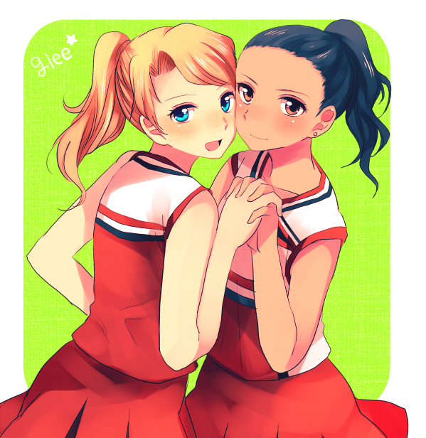2girls, animification, blonde_hair, blue_eyes, blush, brittany_s_pierce, cheek-to-cheek, cheerleader, copyright_name, flat_chest, glee, green_background, hachiko_(hati12), heads_together, holding_hands, interlocked_fingers, looking_at_viewer, multiple_girls, open_mouth, ponytail, santana_lopez, simple_background, smile, yuri