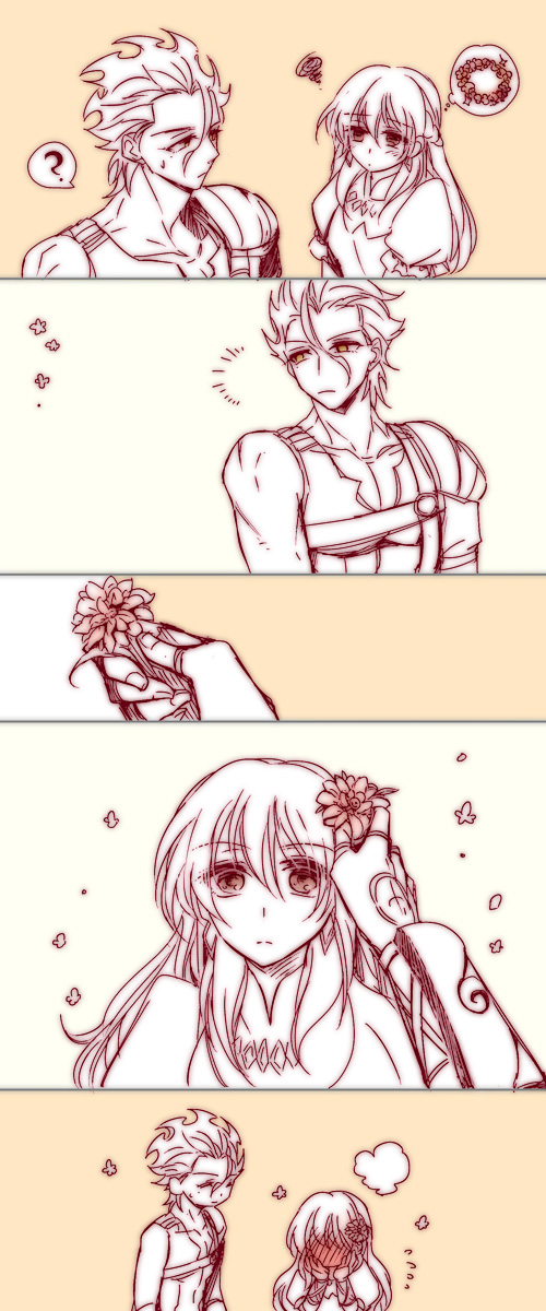 1boy, 1girl, ahoge, bad_id, bad_pixiv_id, blush, comic, diarmuid_ua_duibhne_(fate)