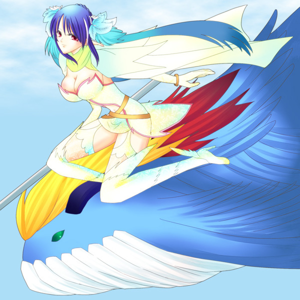 00s, 1girl, baul_(tales), blue_hair, boots, breasts, cape, creature