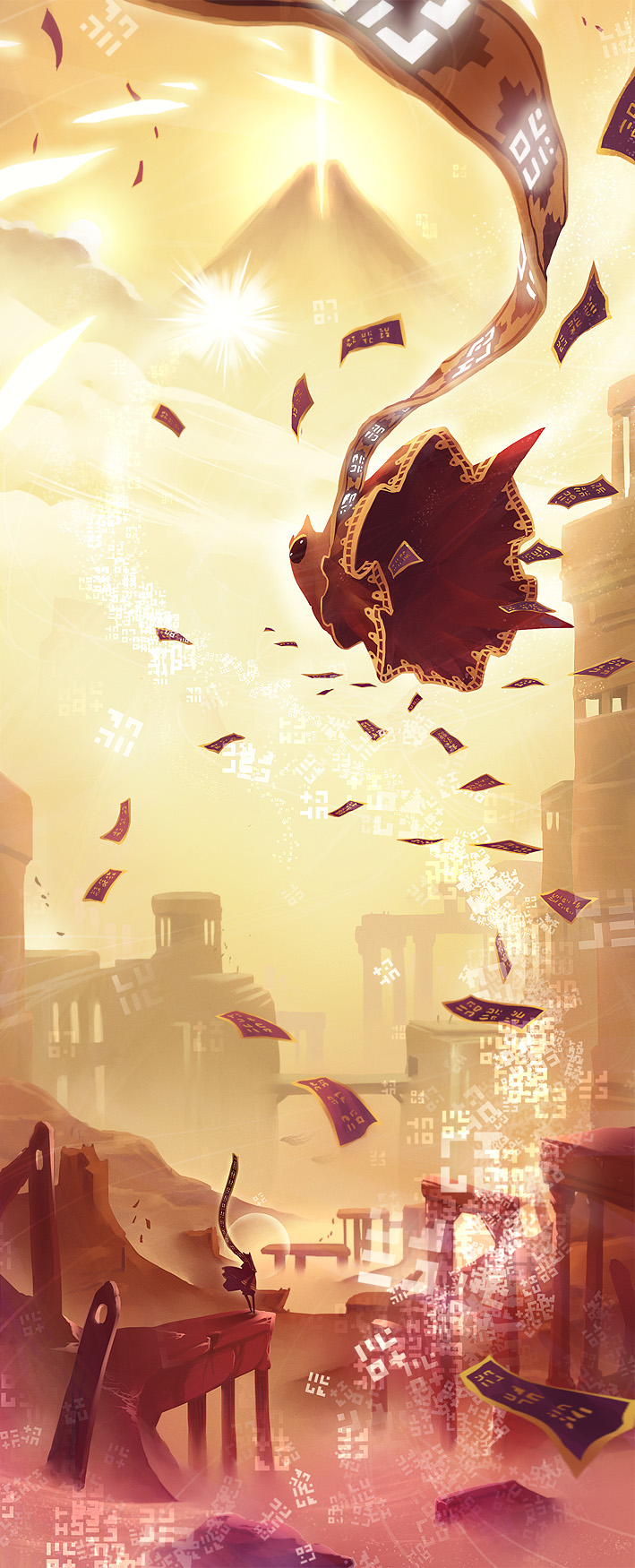 flying, highres, hood, journey, mountain, no_humans, nyoro_ri, robe