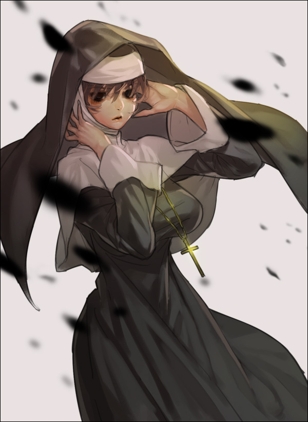 1girl, breasts, brown_eyes, brown_hair, cross, cross_necklace, fate/zero, fate_(series)