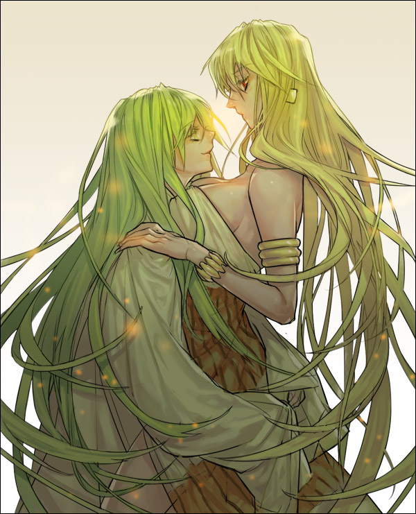 2girls, armlet, blonde_hair, bracelet, breasts, earrings, enkidu_(fate), fate/strange_fake