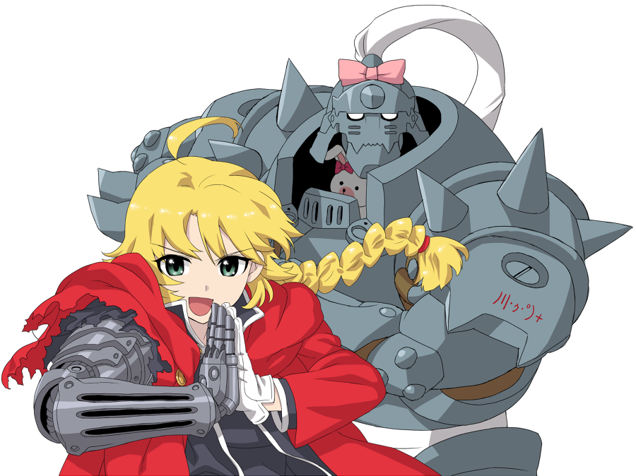 1girl, ahoge, alphonse_elric, armor, bad_id, bad_pixiv_id, blonde_hair, bow