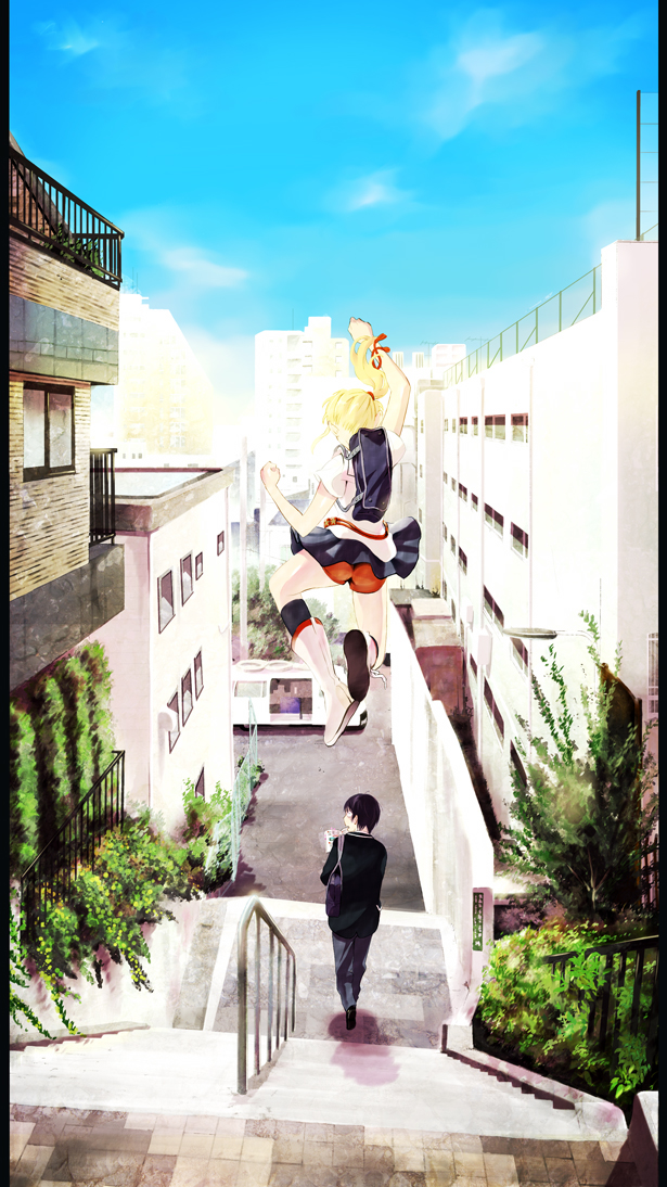 1boy, 1girl, bad_id, bad_pixiv_id, bag, blonde_hair, bush, city, cloud, day, gurio_go_go, jumping, original, pants, plant, ponytail, school_uniform, shoes, shorts, skirt, sky, stairs