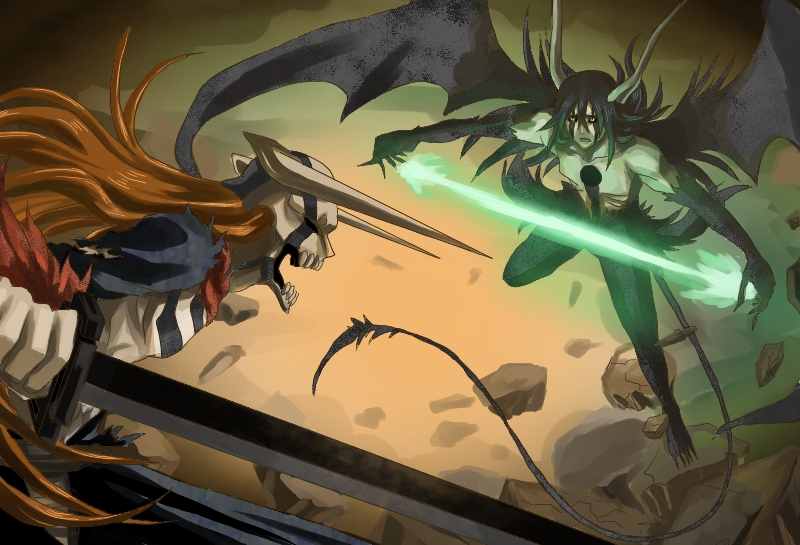 2boys, arrancar, bat_wings, battle, black_hair, bleach, claws, cloudy-gray, colored_skin, facial_mark, fur, hollow_ichigo, horns, kurosaki_ichigo, long_hair, multiple_boys, number_tattoo, open_mouth, orange_hair, resurreccion, resurreccion:_segunda_etapa, sword, tail, tattoo, topless_male, torn_clothes, ulquiorra_cifer, weapon, white_skin, wings