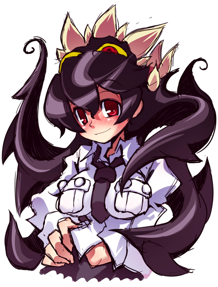 black_hair, blush, breasts, colored_sclera, filia_(skullgirls), futakuchi-onna, ichi_(ichikai), impossible_clothes