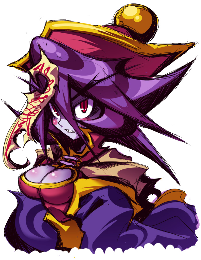 blue_skin, breasts, capcom, cleavage, colored_skin, hat, ichi_(ichikai), hsien-ko