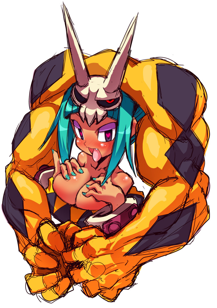 1girl, aqua_hair, bare_shoulders, blush, breast_suppress, breasts, cerebella_(skullgirls), cleavage, dark-skinned_female, dark_skin, eyeshadow, fang, female_focus, hat, heart, heart-shaped_pupils, horns, ichi_(ichikai), large_breasts, living_clothes, makeup, muscular, nail_polish, purple_eyes, red_eyes, simple_background, skullgirls, smile, solo, symbol-shaped_pupils, tongue, vice-versa_(skullgirls), white_background