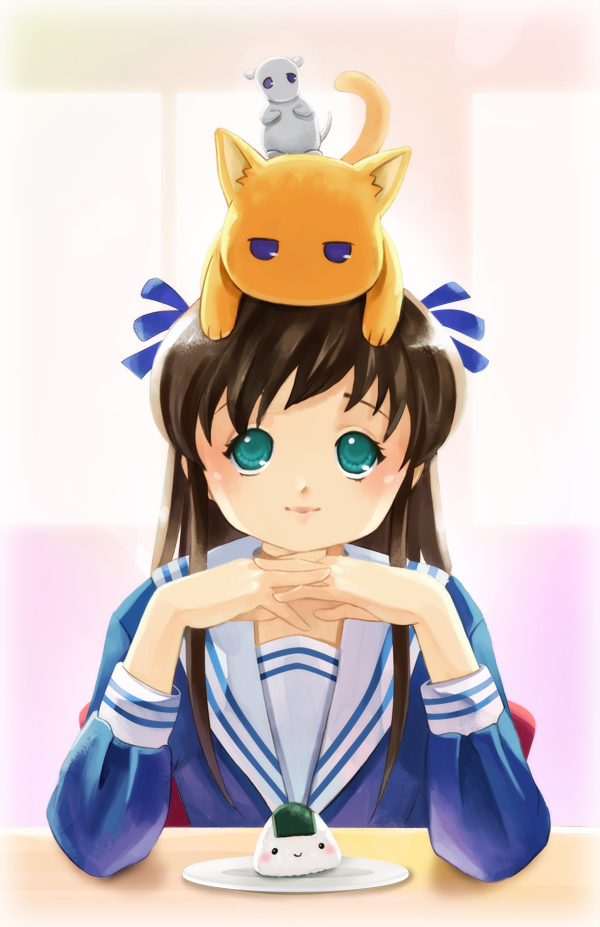 1girl, blue_eyes, brown_hair, cat, elise_trinh, food, fruits_basket, hair_ribbon