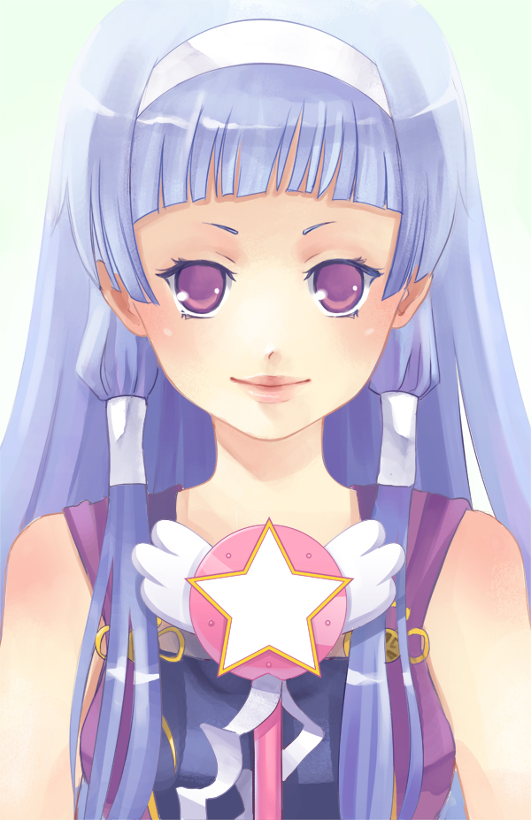 1girl, blue_hair, blunt_bangs, elise_trinh, female_focus, hair_tubes, hairband, kannagi