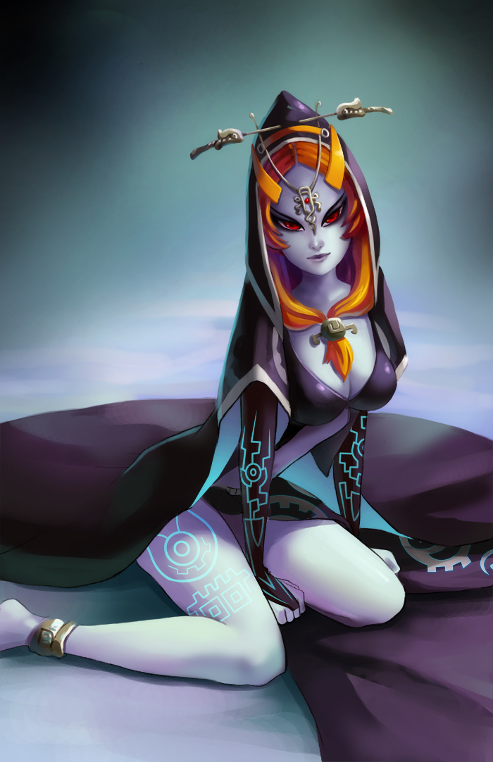 1girl, anklet, blonde_hair, blue_skin, breasts, bridal_gauntlets, cleavage, colored_skin, elise_trinh, female_focus, front_ponytail, hood, jewelry, long_hair, midna, midna_(true), neon_trim, nintendo, orange_hair, red_eyes, sitting, solo, spoilers, tattoo, the_legend_of_zelda, the_legend_of_zelda:_twilight_princess, wariza, x-chan-